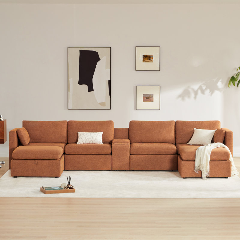 Winfree 6- Piece Upholstered Sectional With Console, Terracotta Polyester