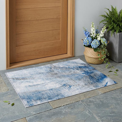Tapis extérieur lavable antidérapant 2 pi x 3 pi bleu ivoire et gris
