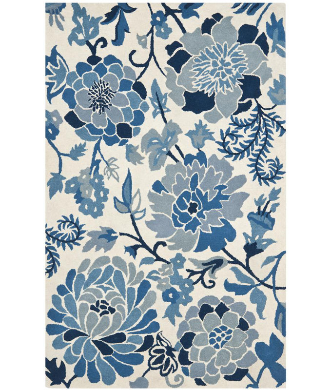 Coreatha Hand Tufted Wool/Cotton Floral Rug in Azurite/Cream/Black, Rectangle 9' x 12'