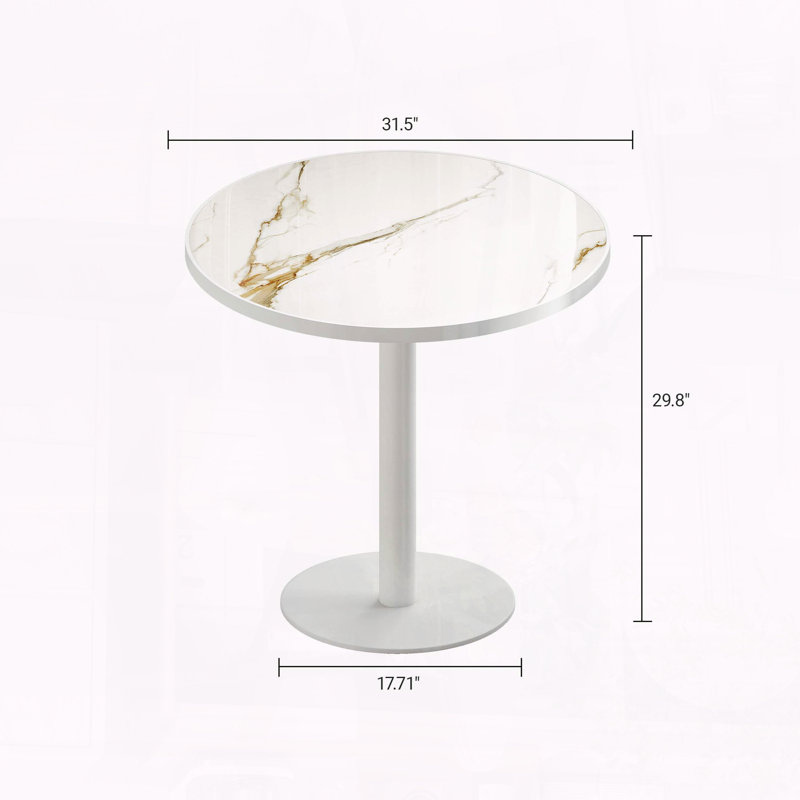 Table bistro moderne 31,5 pouces avec plateau en faux marbre, Blanc / doré, Blanc