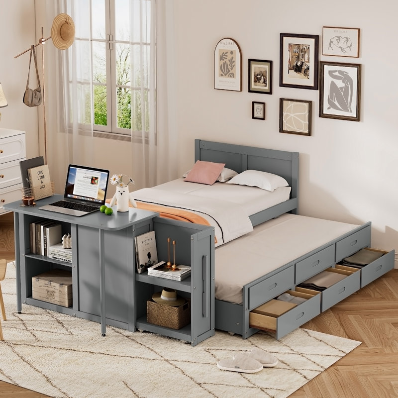 Twin Size Multifunctional Wood Platform Bed With Desk And Storage Shelf At The End Of The Bed, Built-In Trundle And 3 Drawers