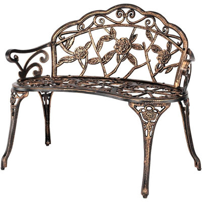 38.5" Patio Park Garden Outdoor Metal Rose Bench,Cast Iron Cast Aluminium Frame Antique Finish Chair,Accented Lawn Front Porch Path Yard Decor Deck Furniture For 2 Person Seat（Bronze