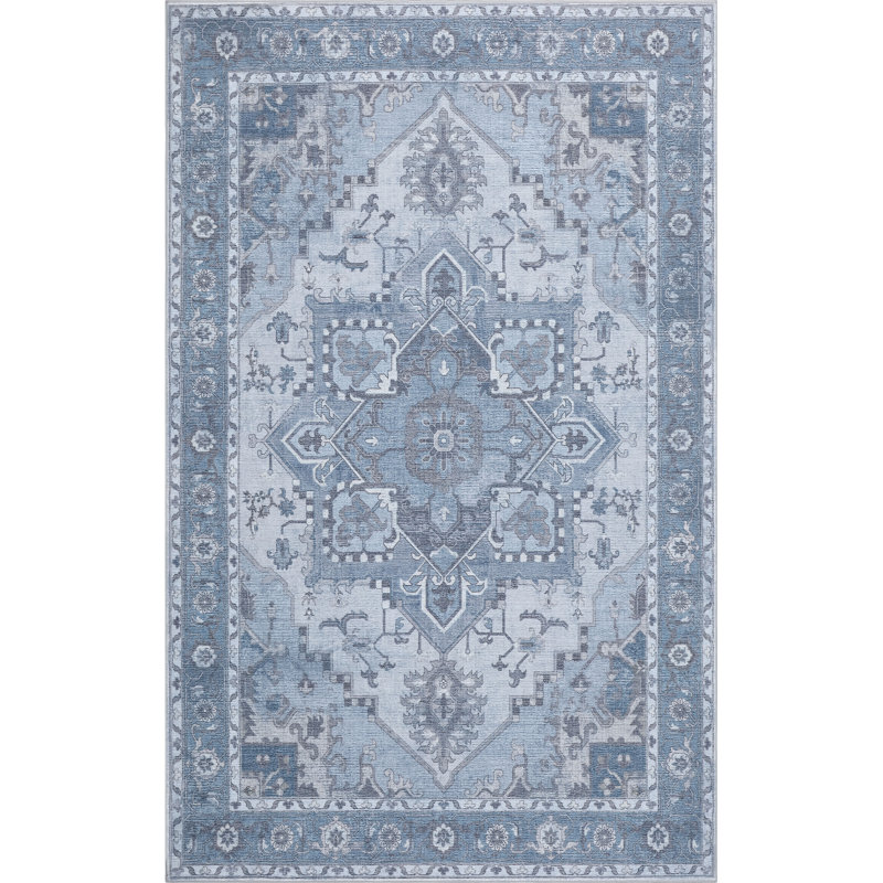 Tapis antidérapant Sersi Ornate, Bleu gris / crème, Rectangle 8' x 10'