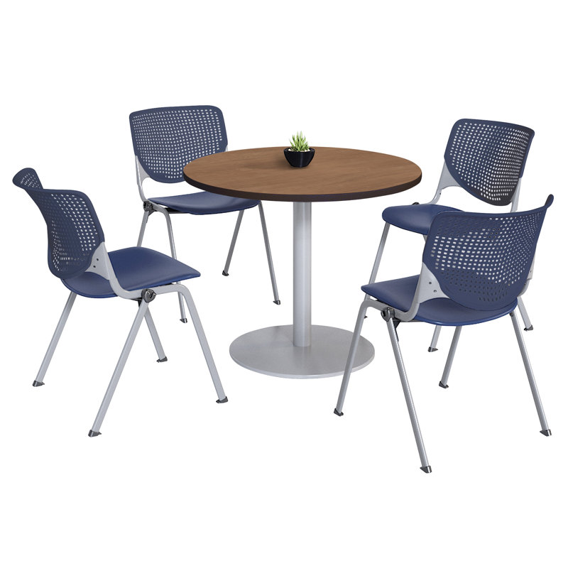 Mode Round Breakroom Table Set With 4 Kool Stacking Chairs, 29" H x 42" L x 42" W, Cherry/Sky Blue