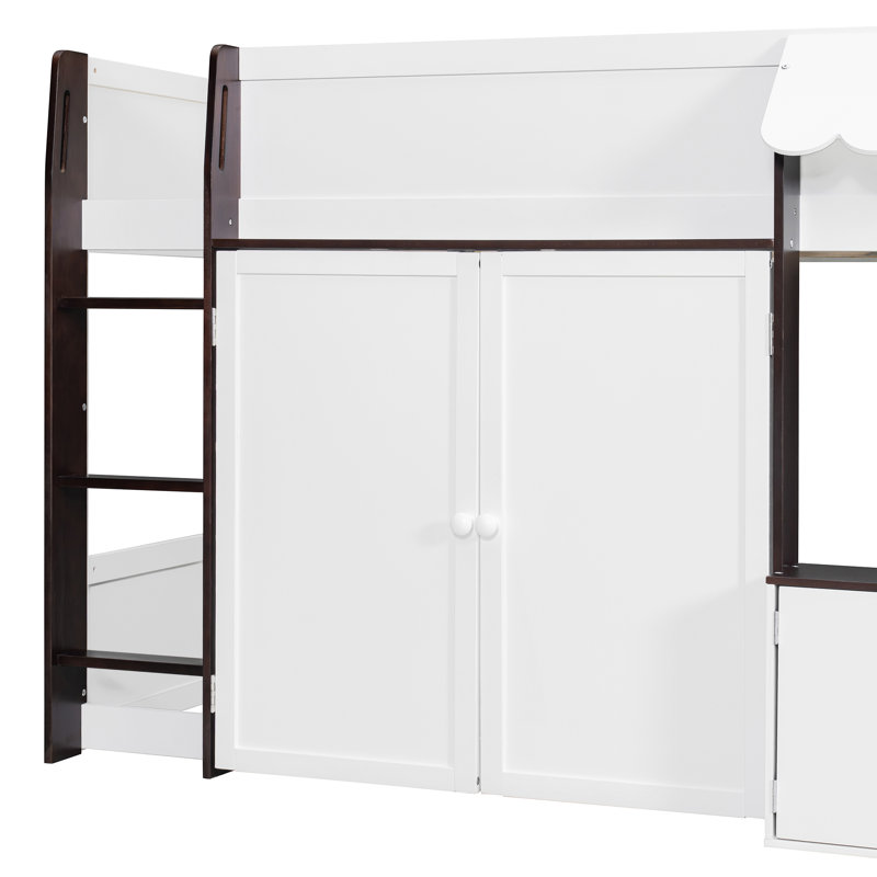 Modern House Style Low Loft Bed With Storage Cabinet, Full Size, White/Espresso
