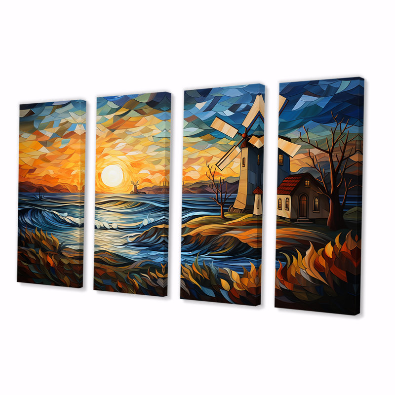 «Windmill Sunset Coastal Breeze I - Wind Turbines», art mural 4 pièces, H 28 po x l 48 po