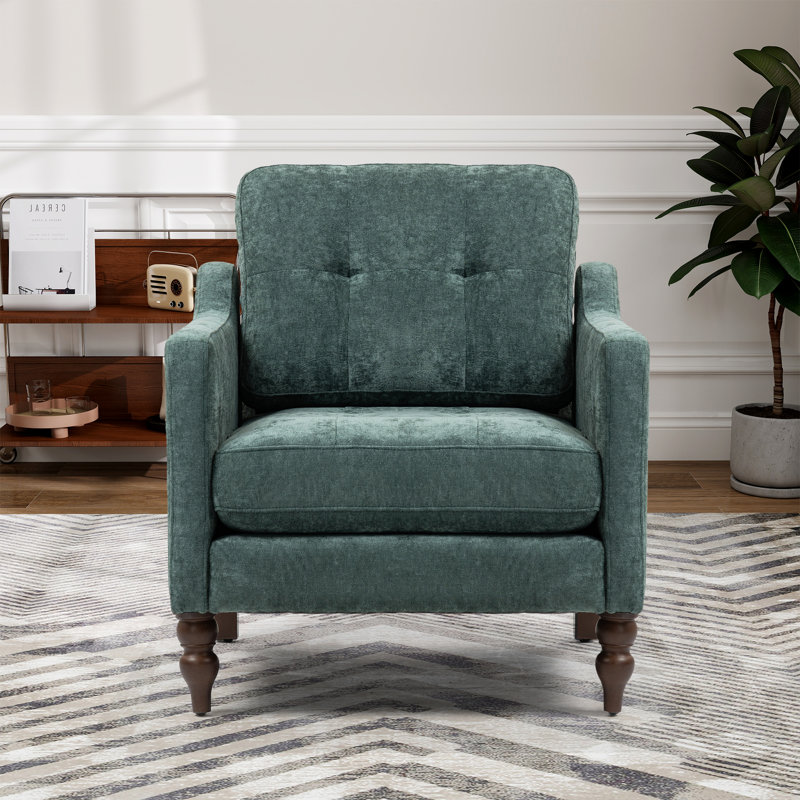 Upholstered Blind Tufted Back Square Arm Accent Armchair With Wooden Legs, Dark Green