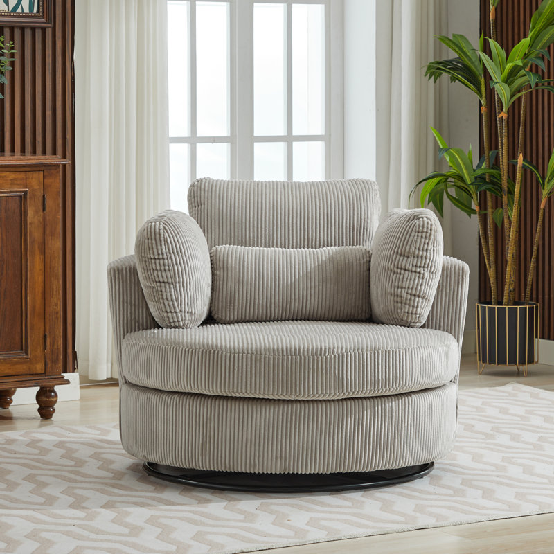 Achorn 42" W Recessed Arm Slipcovered Swivel Barrel Chair, Light Gray Corduroy