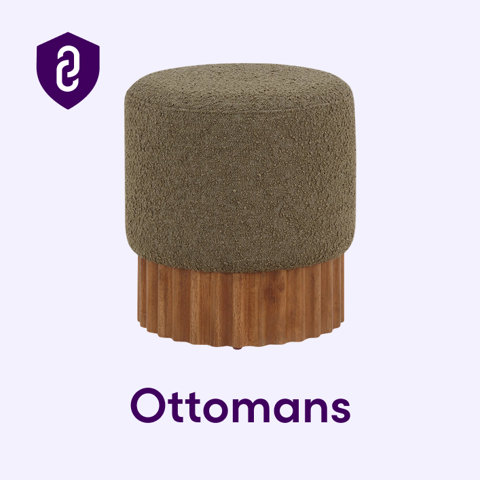 Round olive green ottoman with ribbed wooden base