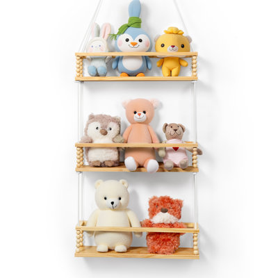 Stuffed Animal Storage Kids 3 Tier Hanging Solid Wood Shelves Baskets Creative Zoo Toys Hold Organizer Glow in The Dark for Nursery Playroom Bedroom Wall Decor Gifts