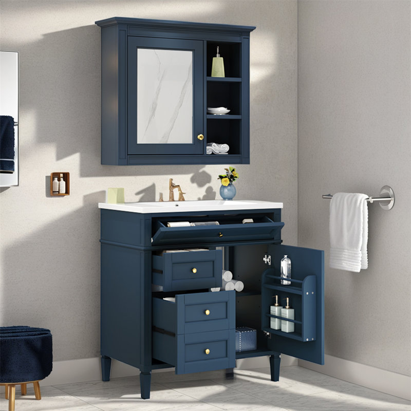 Meuble-lavabo 30 po avec lavabo supérieur et armoire à miroir, Bleu