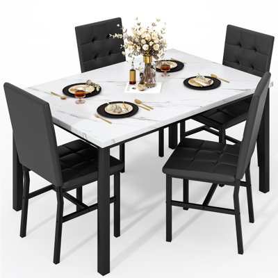Ensemble de table de salle à manger pour 4 personnes, table de cuisine en marbre moderne et chaises rembourrées, ensemble de mobilier de salle à manger avec cadre en métal