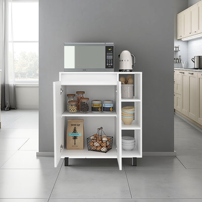 Garde-manger autoportant blanc avec rangement intégré et surface pour micro-ondes, armoire à 2 portes, 3 tablettes latérales, idéal pour la salle à manger, conception moderne, fabrication de panneau de particules, ouverture profonde de 16,28 po
