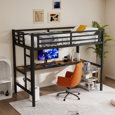 Metal Loft Bed Twin Xl Size With Desk,Power Outlet And Led Lighted