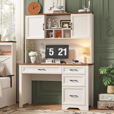 Farmhouse Executive Desk with 4 Drawers and Storage Cabinet, Rustic Large Home Writing Desk with Hutch