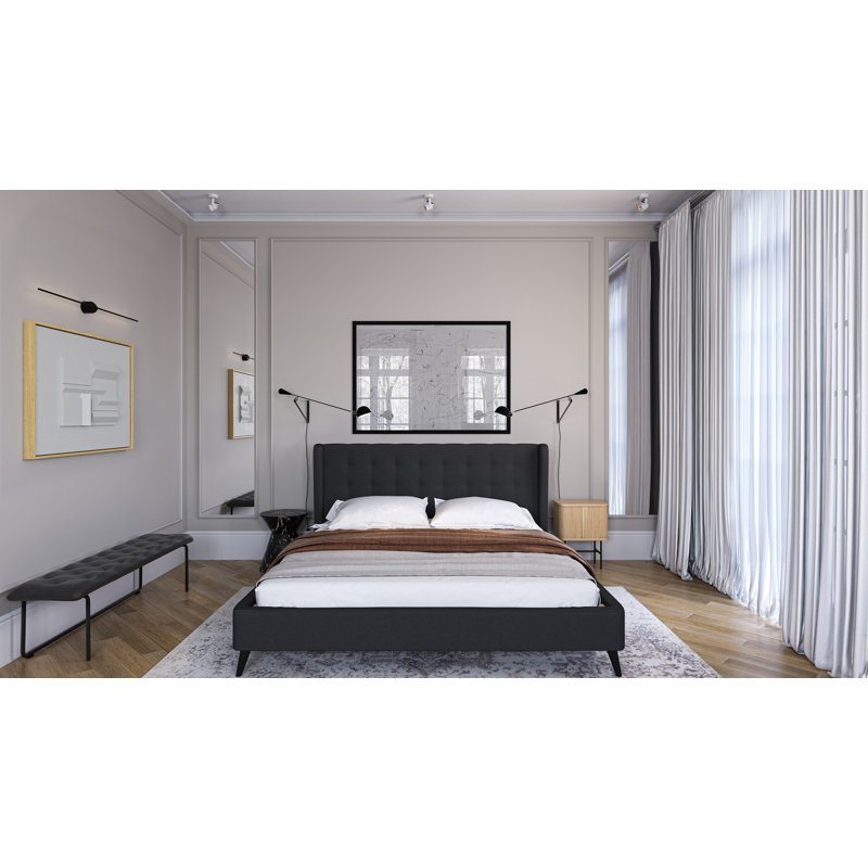 Light Gray Queen Upholstered Tufted Wingback Bed