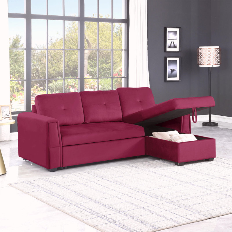 Upholstered L-Shaped Sectional Reversible, Red Silk