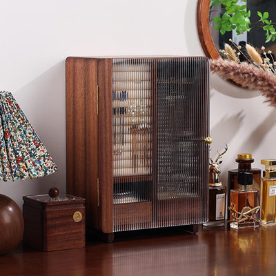 Solid Wood Jewelry Box With Acrylic Door - Velvet Lined Jewelry Organizer With Rotating Necklace Holder And Drawers For Earrings, Bracelets, Rings