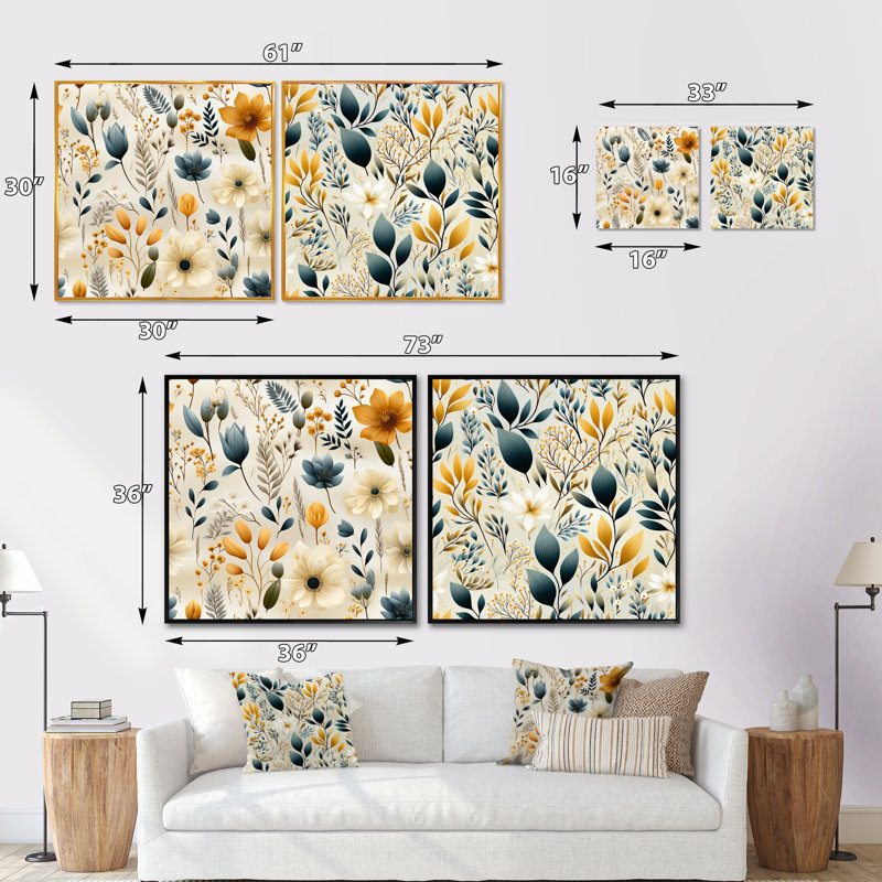 Teignmouth - Ensemble de 2 collages carrés floral et botanique, Cadre flottant blanc, H 30 po x l 61 po
