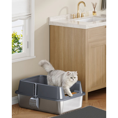 Stainless Steel Cat Litter Tray, XXL Large Metal Cat Litter Tray, Cats Litter Box with High Side Lid, Litter Scoop and Extra-Large Mat, Non-Stick Leak-proof 