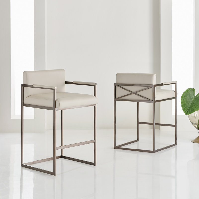 MHX Upholstered Counter Stool with Metal Frame, Silver, White, Bar Stool (28” Seat Height)