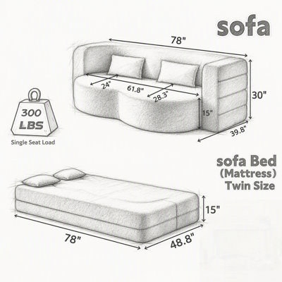 Modern Convertible Corduroy Floor Sofa with 2 Pillows, Folding Mattress for Living Room and Guest Bed, No Assembly Required