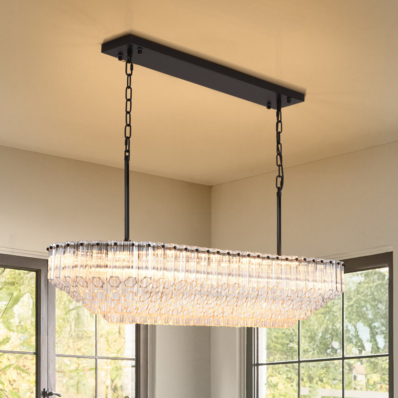 Lustre rectangulaire à 12 niveaux à intensité variable avec abat-jour en verre 43 lumières Eulalia, Noir mat