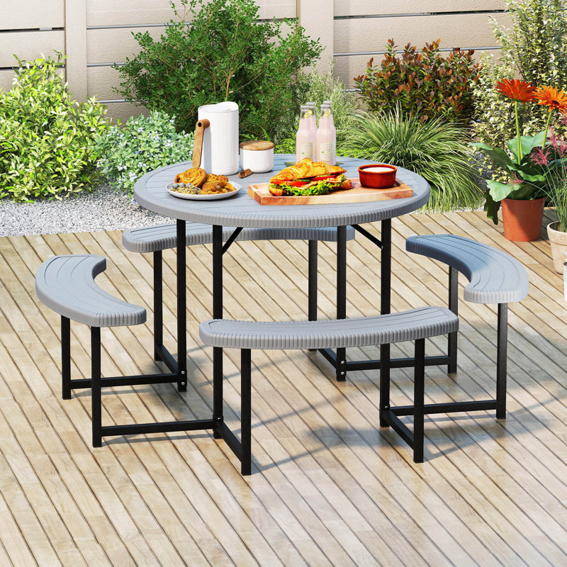 Round Picnic Table Bench Set With 4 Benches Umbrella Hole All Weather Tabletop, Gray