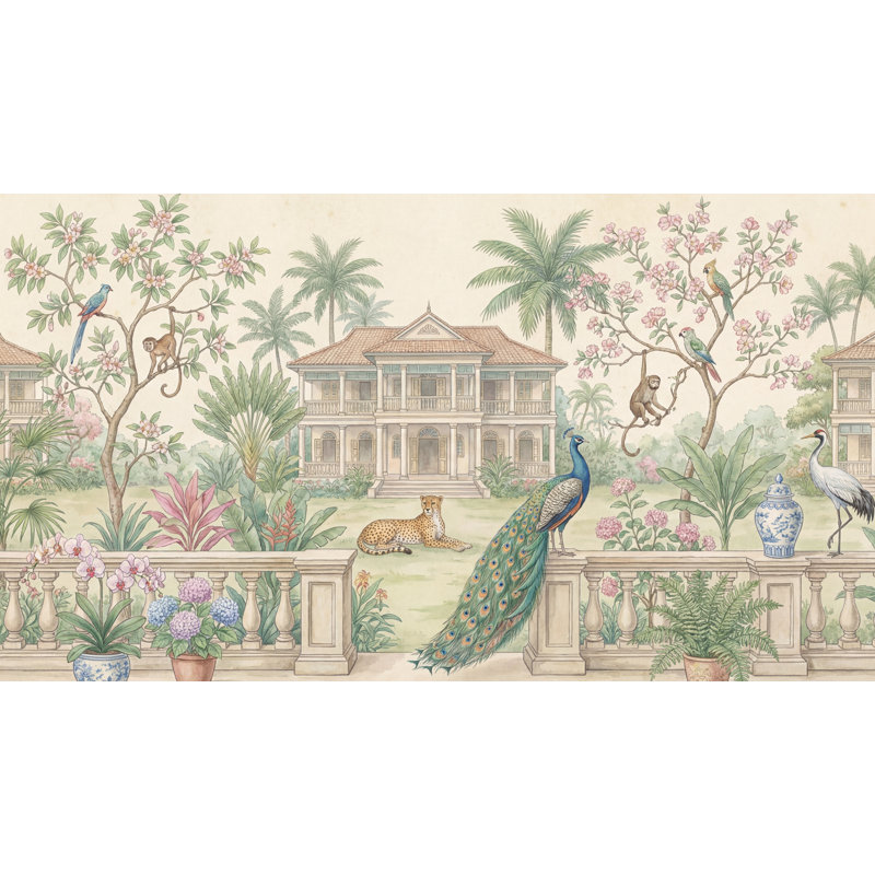 Papier peint rétro style tropical chinois, 100 po x 96 po, Peler et coller