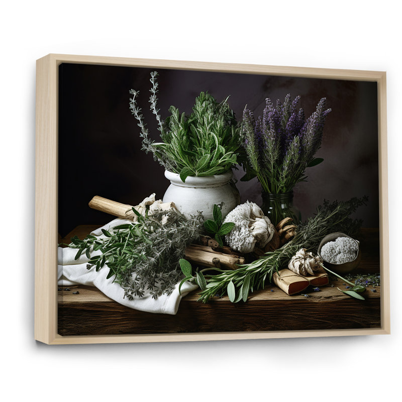 Nature morte au bouquet d'herbes - art mural herbes, Cadre naturel flottant, H 16 po x l 32 po x P 1 po