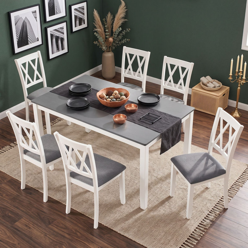 Ensemble de salle à manger en bois 7 pièces avec 6 chaises rembourrées en lin