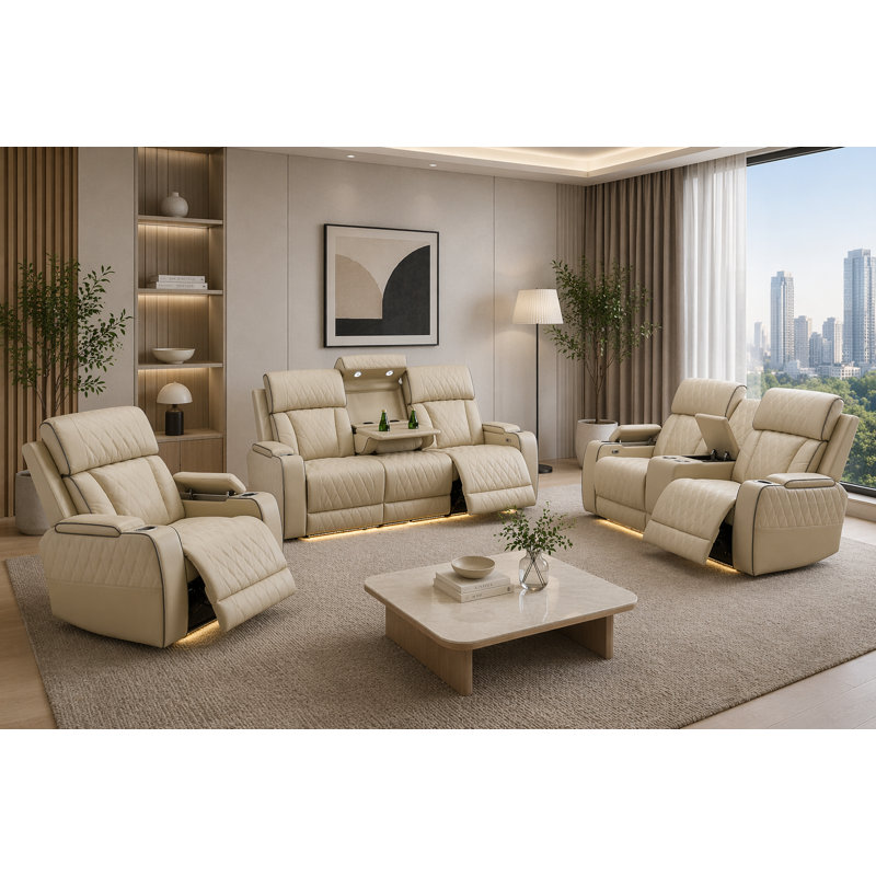 Ensemble de salon inclinable électrique en similicuir Mimbres avec causeuse console, éclairage à DEL et ports USB, 3 pièces