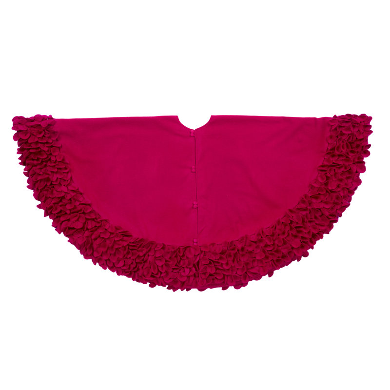 Handmade Christmas Tree Skirt in Recycled Wool - Cream Ruffled Flower Border - 60", Red