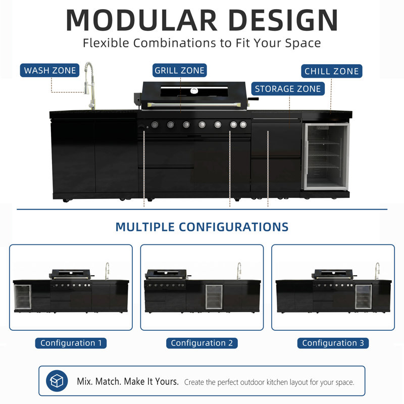 Îlot de cuisine extérieure modulaire de 115 pouces avec barbecue à gaz 6 brûleurs de 85 000 BTU, comptoir en granit noir, évier, réfrigérateur extérieur et ensemble de rôtisserie.