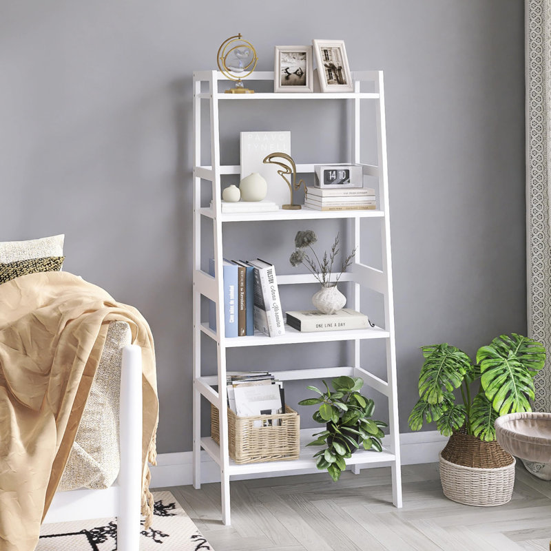 4-layer bamboo ladder bookshelf, White