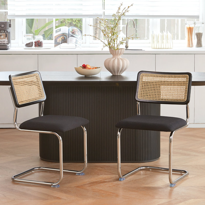 Ensemble de 2 chaises de salle à manger en rotin noir et chrome, chaises de cuisine modernes en bois de style Mid-Century, chaises de salle à manger en canne à dossier en filet, chaise Cesca Design avec pieds en métal chromé