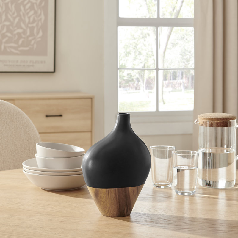 Masanari Canteen Asymmetrical Modern Two Tone Tabletop Vase - Black And Walnut