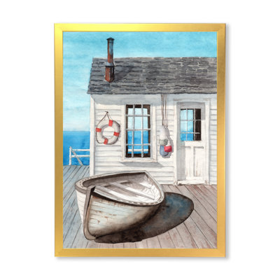 «White Beach Cabin On Wood Pier», reproduction d'art sur toile nautique et côtière