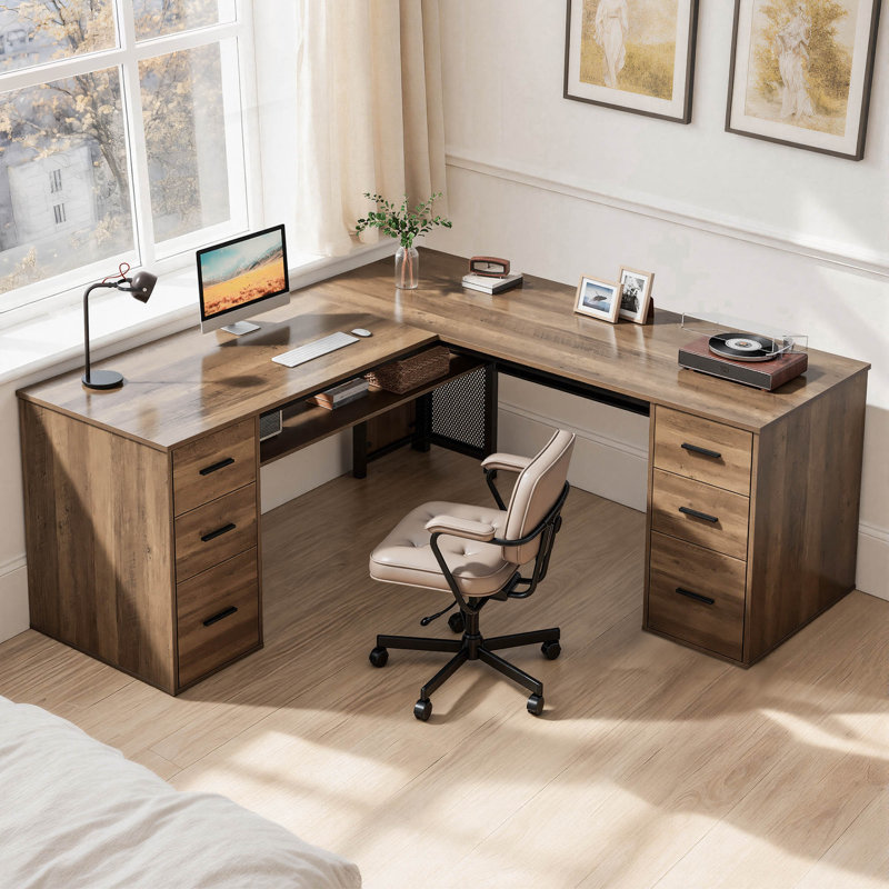 Corsair L-Shaped Executive Desk with 6 Drawers, Rustic Oak