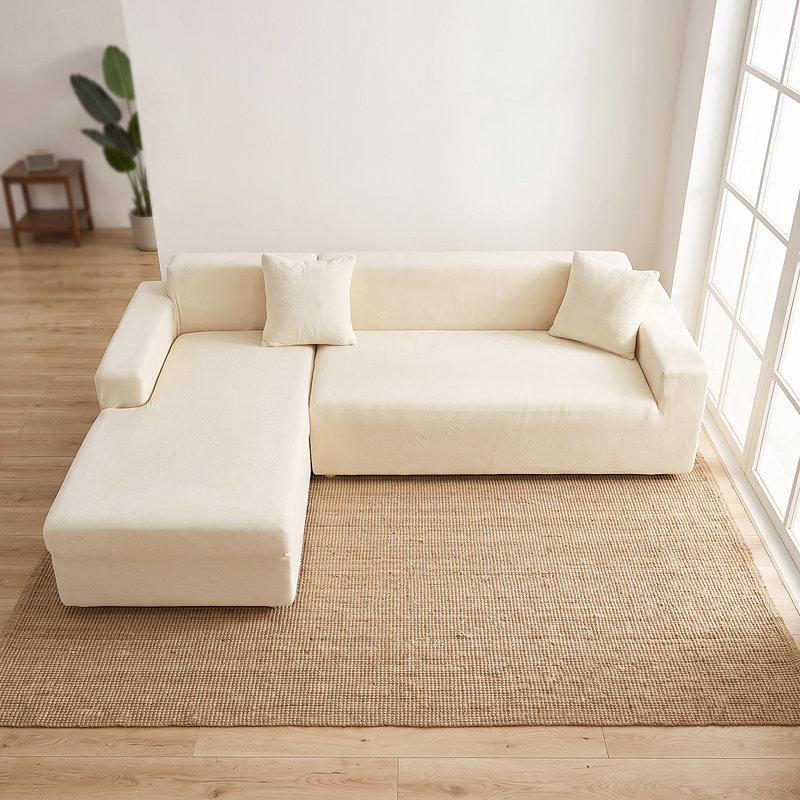 Housse de canapé en L épais en velours - Housse de canapé modulaire avec 2 housses de coussin décoratif, Beige