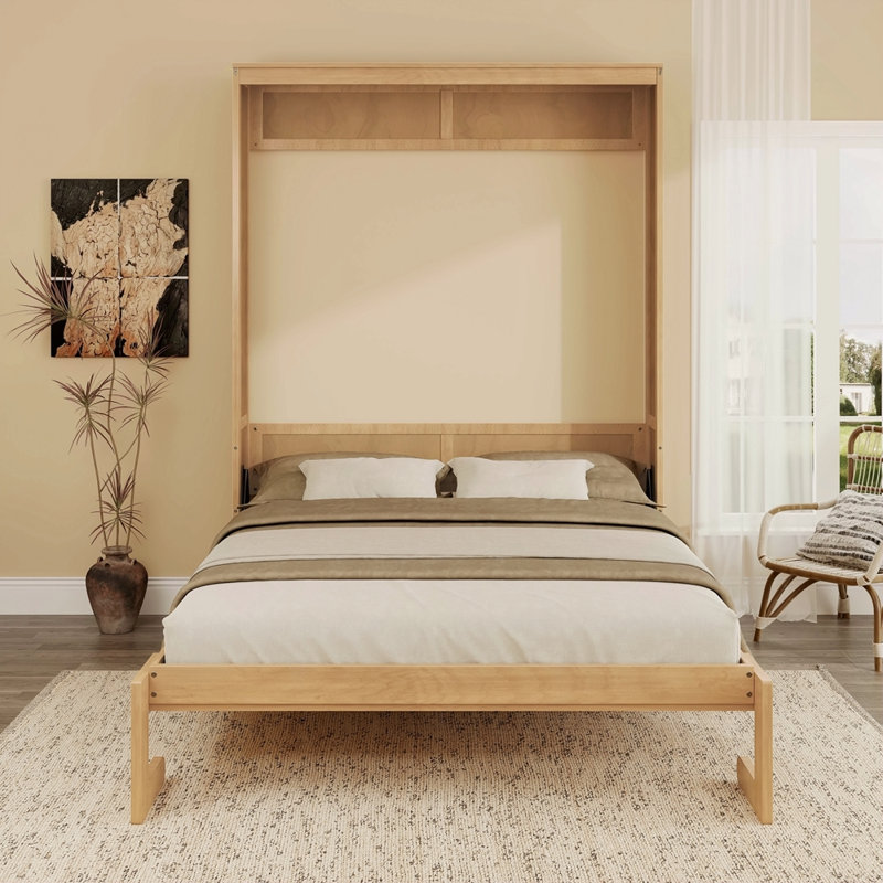 Armoire de lit en bois massif avec rotin Murphy, Naturel, Lit double