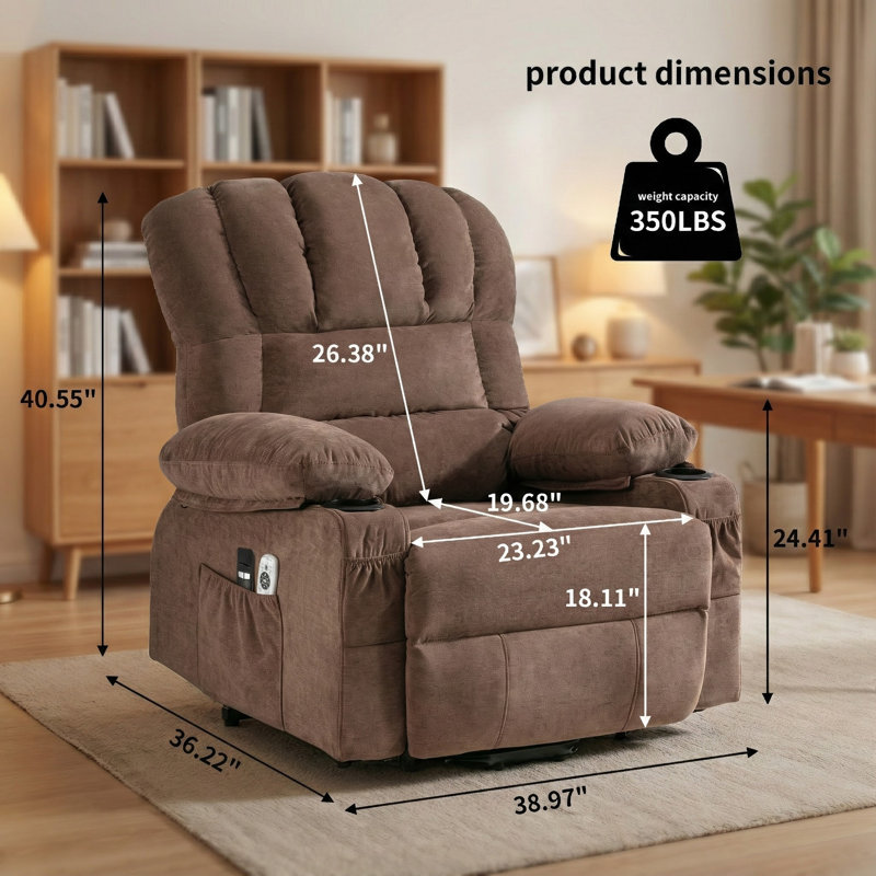 Soft Oversized Power Lift Recliner With Heat And Massage, Brown
