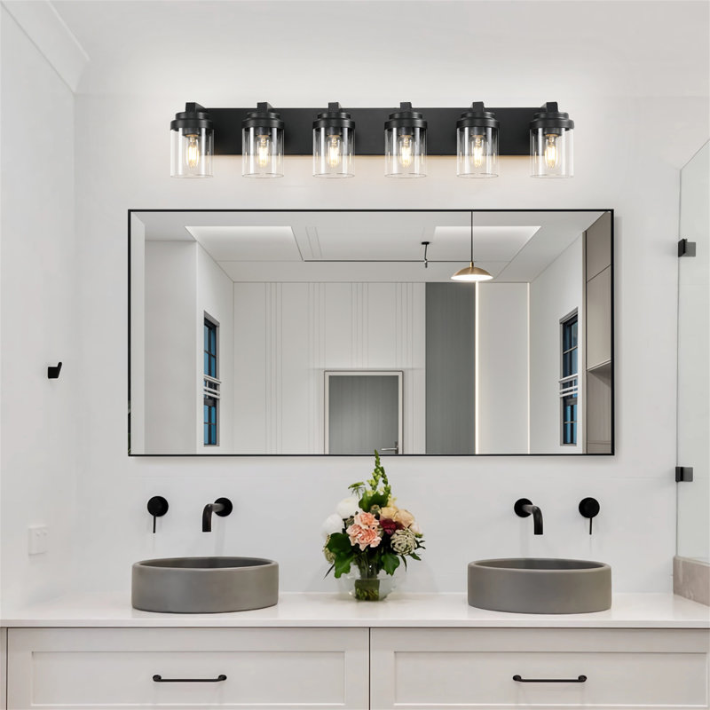 37.5 In. 6-Light Matte Black Wall Sconce With Clear Glass Shade, 6, 6.90" H x 37.50" W x 6.7" D
