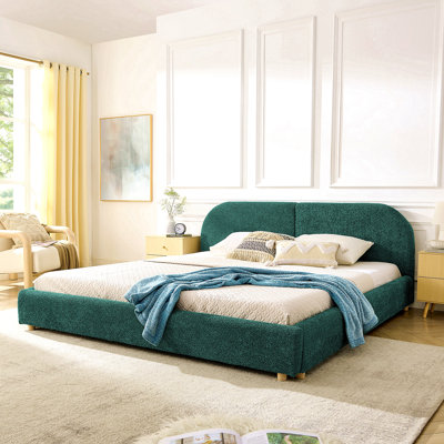 Très grande base de lit tapissier de style très minimaliste avec tête de lit incurvée de grande taille, tissu en fil de cercle de qualité supérieure et support de pieds robuste, matelas non inclus - vert