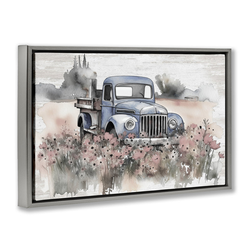 Pickup in Floral Meadow, toile flottante encadrée par lettrée et doublée, Cadre flottant gris lustré, H 21 po x l 31 po