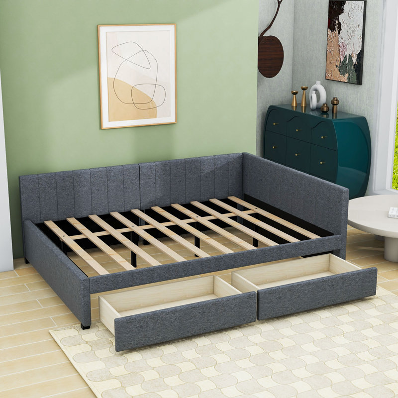 2 Drawers Full Upholstered Daybed, Semi-Closed Design, Gray