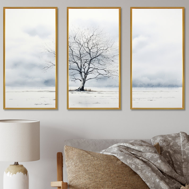 Winters Tree Minimalisme - ensemble d'art mural arbre, Cadre flottant doré, H 32 po x l 48 po x P 1 po