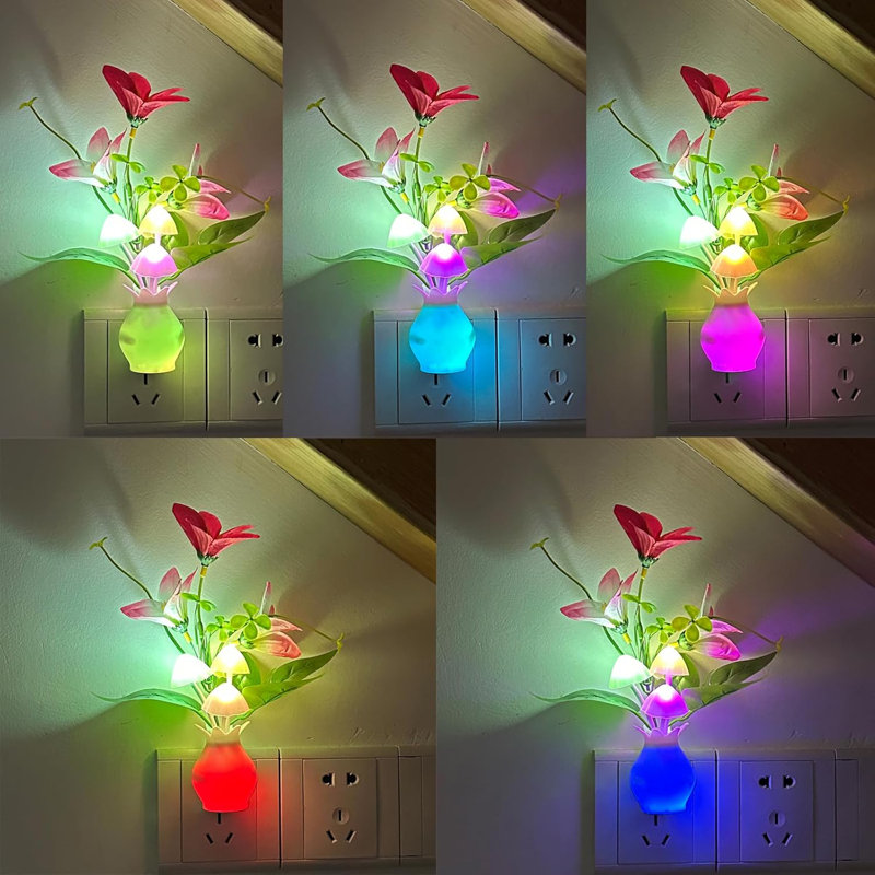 Veilleuse à brancher avec capteur de lumière automatique, veilleuse à champignon à DEL RVB, lampe à fleur 1W écoénergétique pour chambre d'enfant