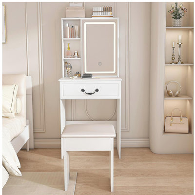 Mini coiffeuse moderne avec miroir éclairé à DEL et rangement dissimulé, tabouret rembourré, bureau de coiffeuse à luminosité réglable, tablettes à plusieurs niveaux résistantes à la poussière, blanc