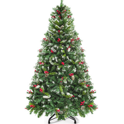 6 FT Pre-Lit Frosted Pine Artificial Christmas Tree with Pinecones and Berries